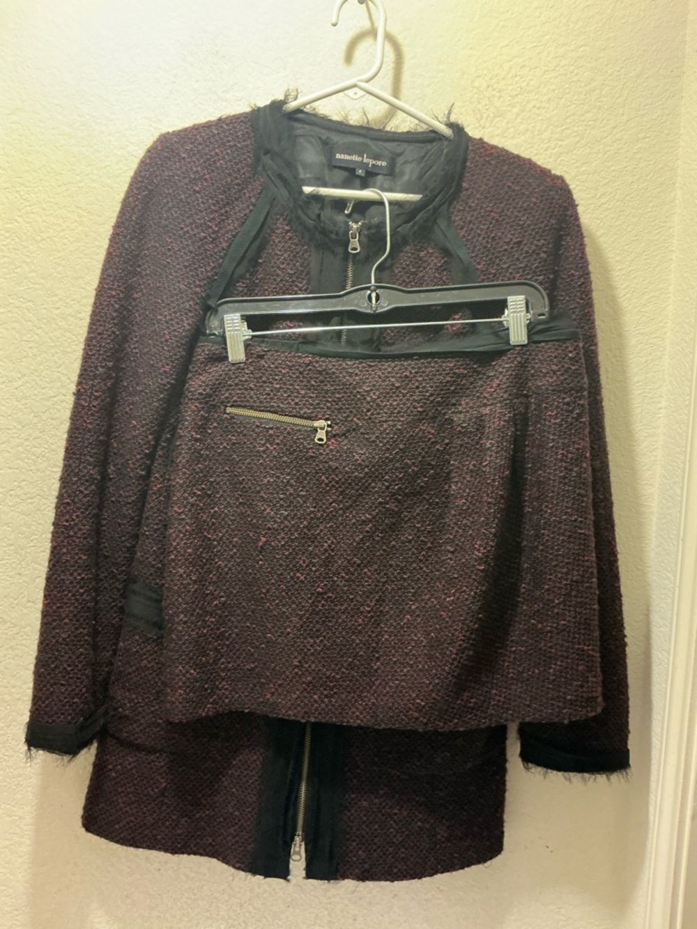 Nanette Lepore Burgundy Tweed Zip-Front Blazer size 8